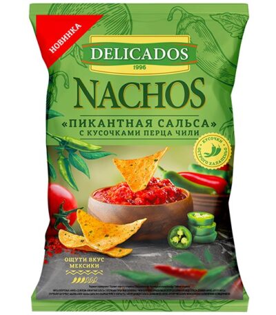 Чипсы кукурузные Начос Delicados «Пикантная сальса» с кусочками чили халапеньо 150 г