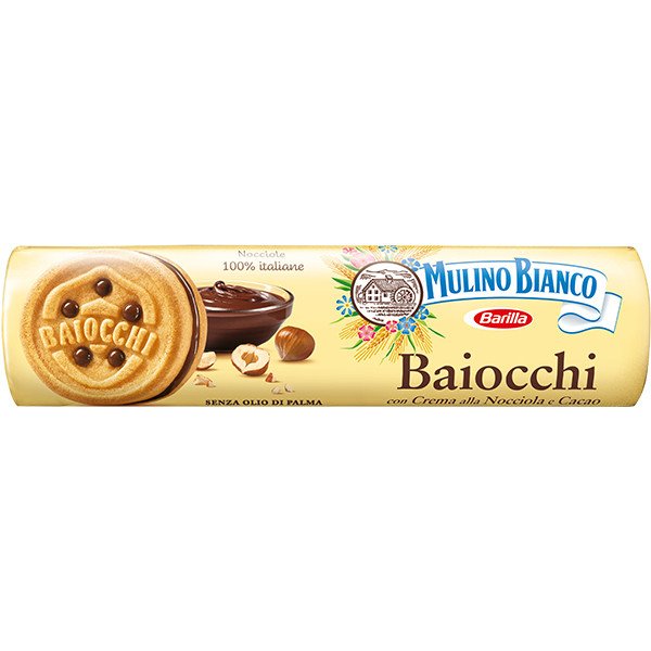 Печенье Mulino Bianco Baiocchi в тубе (сахарное «Байокки») с какао-ореховым кремом 168 г